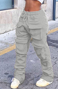 Gray Women Pure Color More Pocket Mid Waist Long Pants SMY8063-2