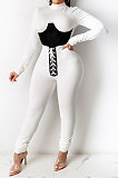 Dark Blue Euramerican Women Solid Color Spliced Tight Sexy Tied Bandage Zipper Pants Sets HZF57801-3