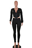 Gray Euramerican Women Solid Color Zipper Long Sleeve Hooded Dew Chest Bodycon Pants Sets SMY81113-1