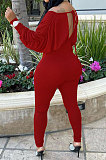 Red Women Autumn Women Solid Color V Collar Batwing Sleeve Collect Waist Back Hollow Out Bodycon Jumpsuits SMY8111-1
