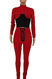 Dark Blue Euramerican Women Solid Color Spliced Tight Sexy Tied Bandage Zipper Pants Sets HZF57801-3