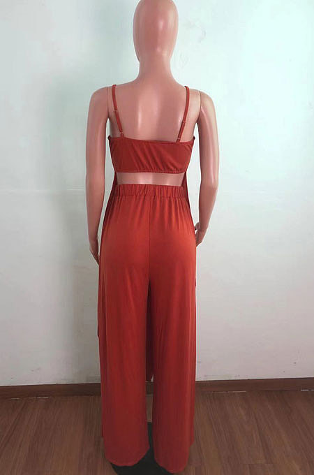 Milk White Sexy Pure Color Condole Belt Irregularity Top Wide Leg Pants Sets QZ7003-4