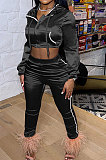 Orange Euramerican Women Casual Solid Color Long Sleeve Hooded Zipper Crop Bodycon Pants Sets MLM9077-3