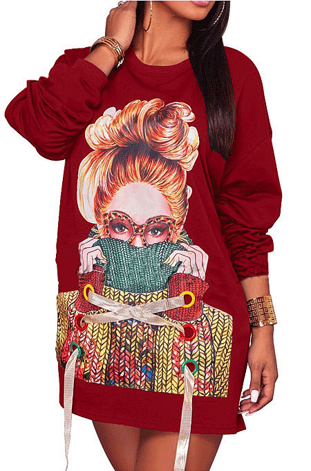 Wine Red Fashion Pattern Print Long Sleeve Loose T Shirt Dress QZ5210-13