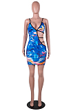 Blue Tie Dye Digital Print Condole Belt Hollow Out Sexy Mini Dress SZS8049-3
