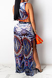 Blue Tanks Fashion Sleeveless Condole Belt Hollow Out Dew Waist Split Pants Sets YF9239