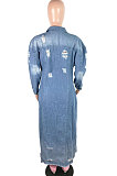Light Blue Trendy Women Hole Long Sleeve Cardigan Jeans Coat JLX6083