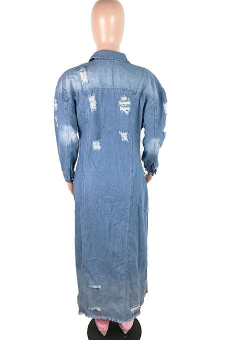 Light Blue Trendy Women Hole Long Sleeve Cardigan Jeans Coat JLX6083