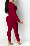 Dark Blue Euramerican Women Solid Color Spliced Tight Sexy Tied Bandage Zipper Pants Sets HZF57801-3