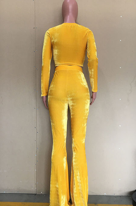 Yellow Velvet Simple Long Sleeve Round Collar Crop Top Flare Pants Solid Color Sets ORY5206