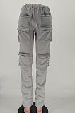 Gray Women Pure Color More Pocket Mid Waist Long Pants SMY8063-2