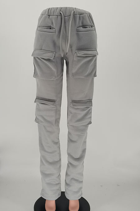 Gray Women Pure Color More Pocket Mid Waist Long Pants SMY8063-2