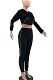 Rose Red Euramerican Women Casual Solid Color Long Sleeve Hooded Zipper Crop Bodycon Pants Sets MLM9077-4