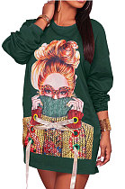 Green Fashion Pattern Print Long Sleeve Loose T Shirt Dress QZ5210-2