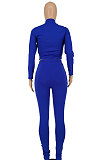 Dark Blue Euramerican Women Solid Color Spliced Tight Sexy Tied Bandage Zipper Pants Sets HZF57801-3