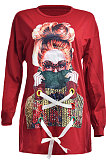 Gray Fashion Pattern Print Long Sleeve Loose T Shirt Dress QZ5210-1