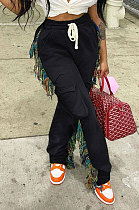 Black Euramerican Casual Fashion Pure Color Stereoscopic Pocket Tassel Tied Long Pants MLM9076-3