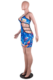 Blue Tie Dye Digital Print Condole Belt Hollow Out Sexy Mini Dress SZS8049-3