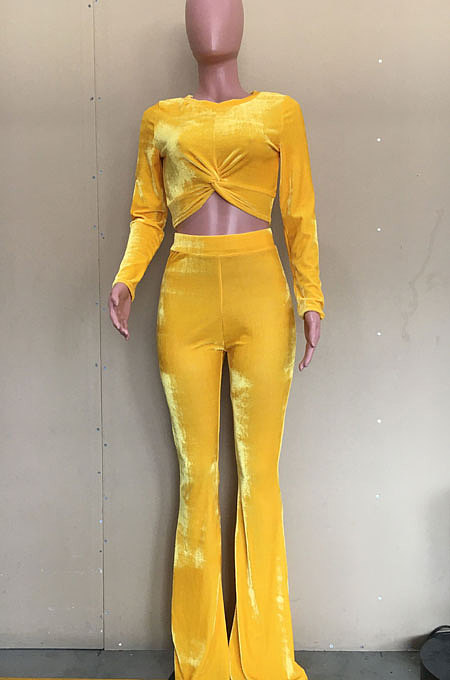 Yellow Velvet Simple Long Sleeve Round Collar Crop Top Flare Pants Solid Color Sets ORY5206