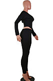 Gray Euramerican Women Solid Color Zipper Long Sleeve Hooded Dew Chest Bodycon Pants Sets SMY81113-1