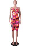 Yellow Wholesale Summer Digital Print Condole Belt Back Cross Ruffle Romper Shorts SZS8069-3