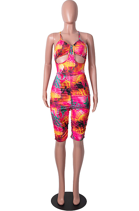 Yellow Wholesale Summer Digital Print Condole Belt Back Cross Ruffle Romper Shorts SZS8069-3