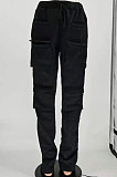 Blue Women Pure Color More Pocket Mid Waist Long Pants SMY8063-4