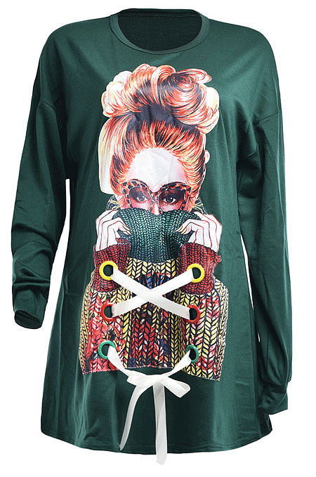 Gray Fashion Pattern Print Long Sleeve Loose T Shirt Dress QZ5210-1