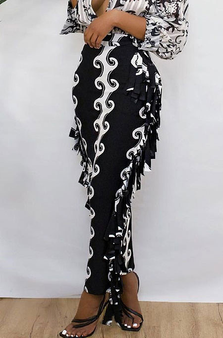 Black Euramerican Casual Tassel Black White Printing Sexy Skirts HZF57807