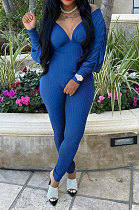 Blue Women Autumn Women Solid Color V Collar Batwing Sleeve Collect Waist Back Hollow Out Bodycon Jumpsuits SMY8111-3