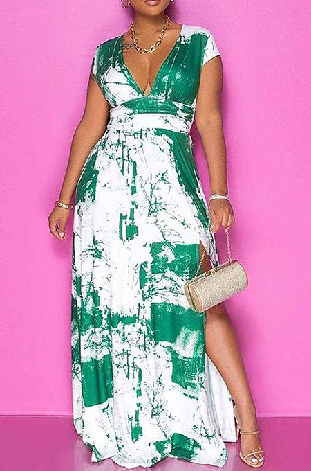 Wine Red Summer Sexy Digital Print V Collar Split Maxi Dress SZS8047-1