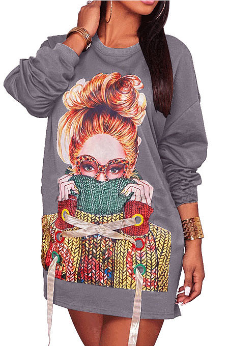 Gray Fashion Pattern Print Long Sleeve Loose T Shirt Dress QZ5210-1