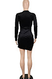 Black Euramerican Women Sexy Korea Velvet Fashion Double Zipper Long Sleeve Autumn Winter Pure Color Mini Dress SH7281-1
