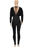 Blue Women Autumn Women Solid Color V Collar Batwing Sleeve Collect Waist Back Hollow Out Bodycon Jumpsuits SMY8111-3
