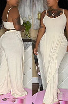 Milk White Sexy Pure Color Condole Belt Irregularity Top Wide Leg Pants Sets QZ7003-4