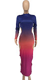 Green Gradient Long Sleeve High Neck Hollow Out Slim Fitting Maxi Dress ZDD31162-3