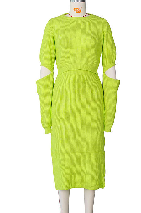 Black Winter New Solid Color Woolen  Long Sleeve Round Neck Sweater High Waist Slit Hip Skirts Sets  ZS079-1