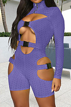 Purple Women High Elastic Pineapple Cloth Solid Color Hollow Out Buckle Romper Shorts QQM4328-5