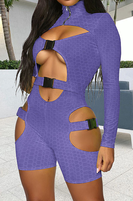 Purple Women High Elastic Pineapple Cloth Solid Color Hollow Out Buckle Romper Shorts QQM4328-5