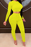 Yellow Women Autumn Winter Pure Color Ruffle Long Sleeve Pants Sets QQM4335-3