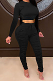 Light Blue Women Autumn Winter Pure Color Ruffle Long Sleeve Pants Sets QQM4335-6
