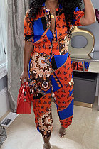 Orange Cute New Short Sleeve Stand Neck Zip Front Top  Ankle Banded Pants Sets ZNN9106-3