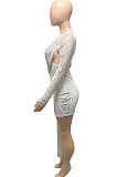 Black Women Club Party Sequins Hollow Out Streamer Pure Color Mini Dress Q947-3