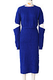 Red Winter New Solid Color Woolen  Long Sleeve Round Neck Sweater High Waist Slit Hip Skirts Sets  ZS079-3