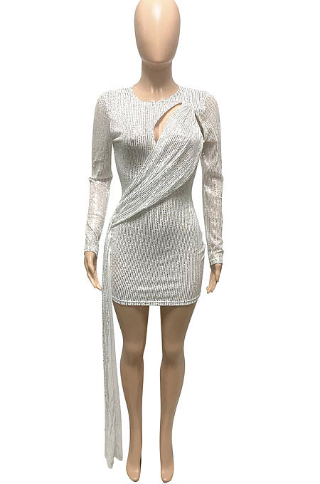 Red Women Club Party Sequins Hollow Out Streamer Pure Color Mini Dress Q947-2