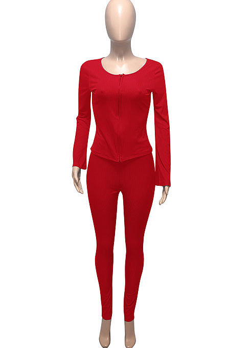 Red Euramerican Women Autumn Winter Ribber Pure Color Zipper Cardigan Bodycon Long Pants Sets Q939-2