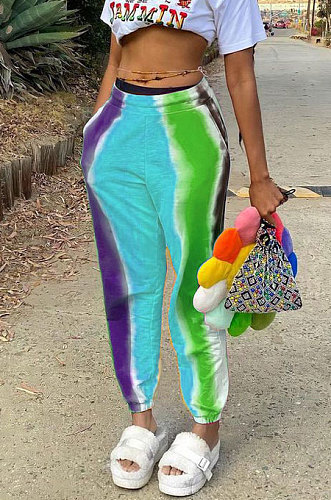 Yellow Casual Digital Rainbow Print Ankle Banded Pants ZDD31163-3