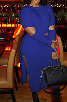 Royal Blue Winter New Solid Color Woolen  Long Sleeve Round Neck Sweater High Waist Slit Hip Skirts Sets  ZS079-4