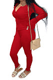 Black Euramerican Women Autumn Winter Ribber Pure Color Zipper Cardigan Bodycon Long Pants Sets Q939-3