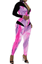 Purple New Modest Print Long Sleeve Zip Front Blouse Pencil Pants Sets ZNN9107-3